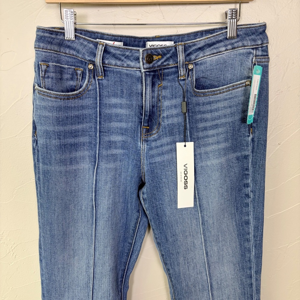 NWT Vigoss Marley Flare Jeans Womens 29 Mid Rise Raw Hem Blue Denim Boho Pintuck - Picture 3 of 12